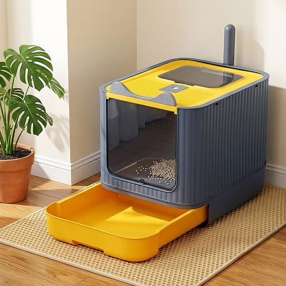 Enclosed Cat Litter Box with UV Sterilisation & Deodoriser | Large Hooded Cat Toilet with Drawer Tray & Scoop | Anti-Splash Odour Control Litter Tray | 44.5x36.5x34.5cm | Grey
