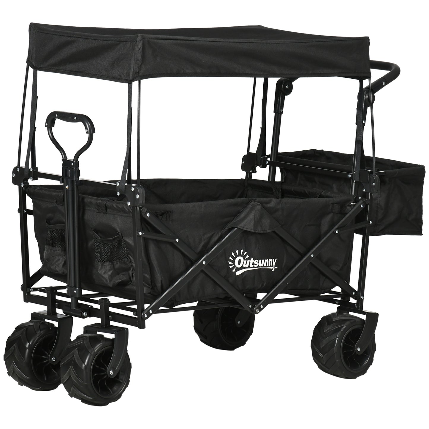 Folding Trolley Cart Storage Wagon Beach Trailer 4 Wheels with Handle Overhead Canopy Cart Push Pull For Shopping Camping, Spacious Design With Side Outer Pocket, Telescopic Pull Handle, Cup Holder, Steel Frame With 360° Rotating Wheels