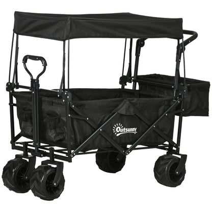 Folding Trolley Cart Storage Wagon Beach Trailer 4 Wheels with Handle Overhead Canopy Cart Push Pull For Shopping Camping, Spacious Design With Side Outer Pocket, Telescopic Pull Handle, Cup Holder, Steel Frame With 360° Rotating Wheels