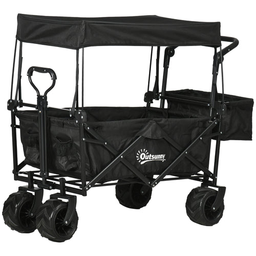 Folding Trolley Cart Storage Wagon Beach Trailer 4 Wheels with Handle Overhead Canopy Cart Push Pull For Shopping Camping, Spacious Design With Side Outer Pocket, Telescopic Pull Handle, Cup Holder, Steel Frame With 360° Rotating Wheels
