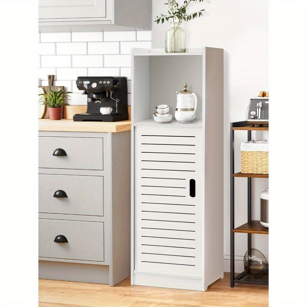 Bathroom Storage Cabinet | White Wood-Plastic Freestanding Organizer | 3-Tier with Slatted Doors & Open Shelf | Space-Saving Design for Bathroom, Kitchen, Bedroom | Modern Minimalist Style, Versatile Cabinet | Slatted Door Design | Woodplastic Material, B