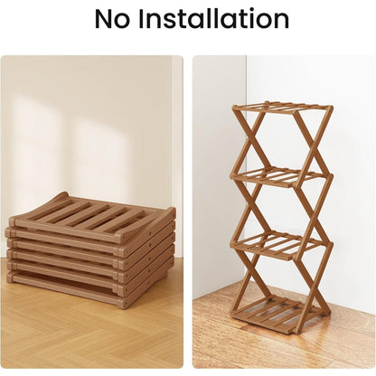 Space-Saving Bamboo Shoe Rack - Vertical Narrow Foldable 4-8 Layer Shoe Rack, Multi-Layer Design Free Installation Retractable Shoe Rack, Small Narrow Doorway Home, Multi-layer Simple Shoe Cabinet Portable Shoe Rack Organizer, Long Shoe Rack, Rack Shoes,