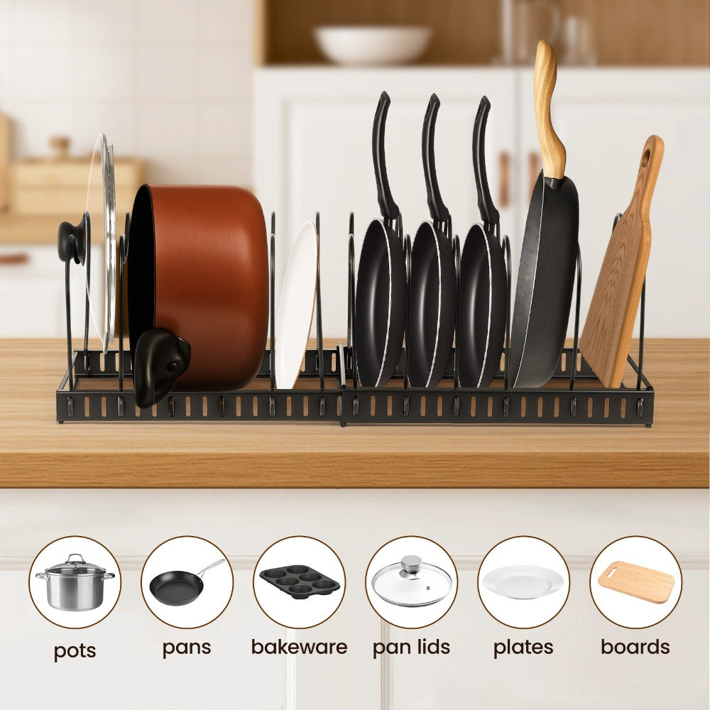 1 Set Pot and Pan Organizer Rack with 10 Adjustable Dividers – Expandable Kitchen Cabinet Storage for Lids, Dishes, Cookware – Bakeware Rack for RV & Home