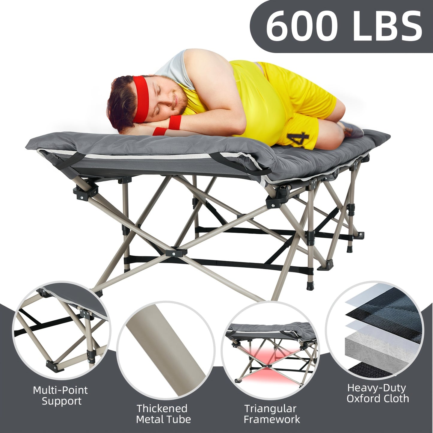 Adults Single Camping Cot with Thick Pad, Folding Camping Cot Oversize Cots for Sleeping Camping Bed Folding Cot for Camping W/Pilllow Mattress for Home Office Nap Beach Travel, 272.16KG (176 * 64CM-Grey)