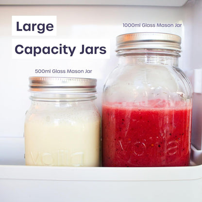 Mason Jars With Lids - 1 Litre Leakproof Glass Jars with Lids. Labels, Pen and Sponge - 12 Pack Large Mason Jar as Preserving Jars, Salad Jars, Overnight Oats Jar, and Pickling Jars