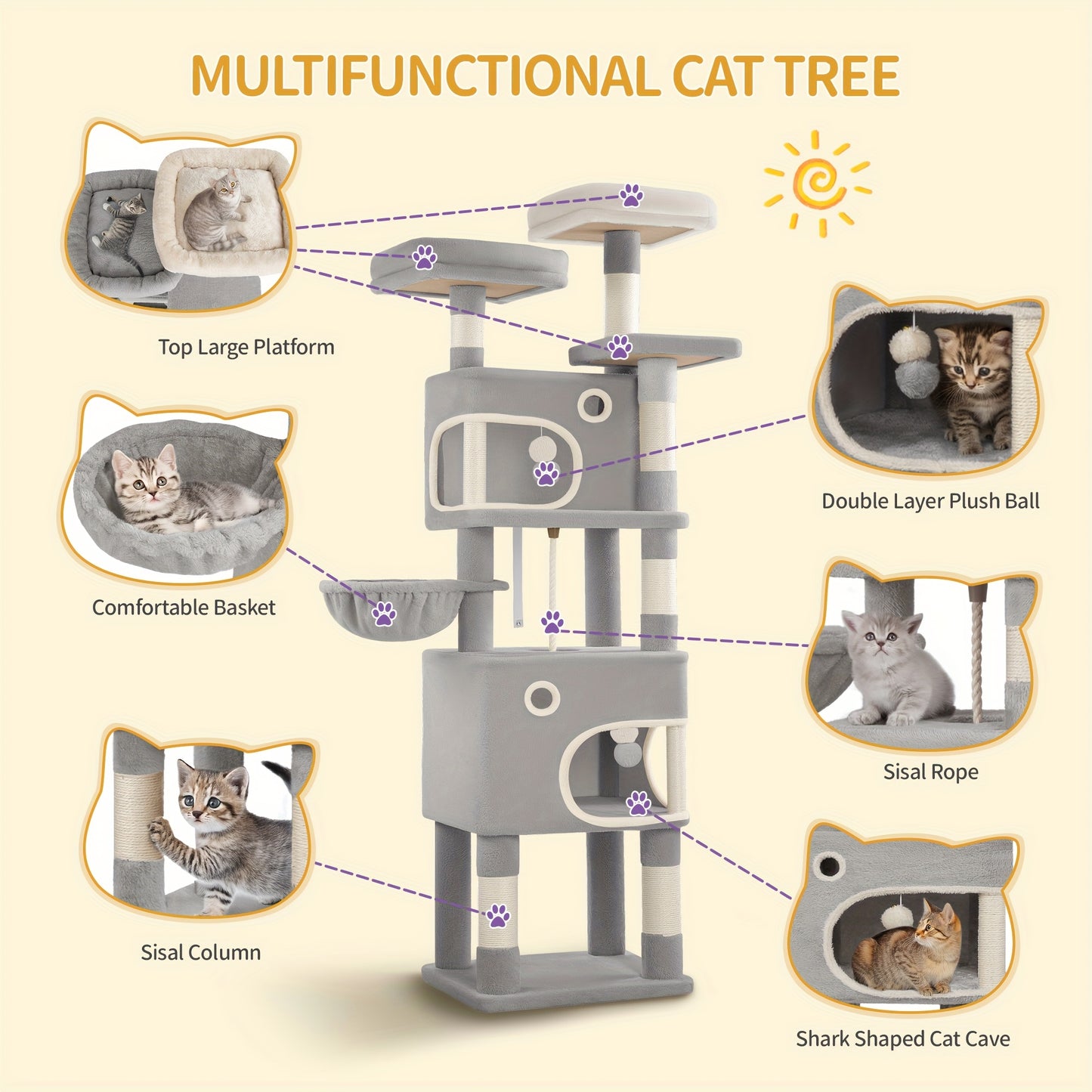 [Multi-Level Cat Tree] HZUANERI 180cm Multi-Level Cat Tree | 8 Scratching Posts, 3 Platforms, 2 Dens, Basket & Plush Balls - Durable Sisal Rope for Indoor Cats of All Sizes, Space-Saving Design for Climbing, Resting & Play, Cat Climbing Tower, Pet Activit