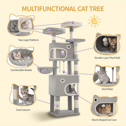 [Multi-Level Cat Tree] HZUANERI 180cm Multi-Level Cat Tree | 8 Scratching Posts, 3 Platforms, 2 Dens, Basket & Plush Balls - Durable Sisal Rope for Indoor Cats of All Sizes, Space-Saving Design for Climbing, Resting & Play, Cat Climbing Tower, Pet Activit