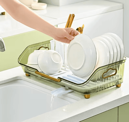 1pc Dish Drying Rack with Handle & Drainboard - Space-Saving Compact Design with Utensil Holder, Durable Plastic Construction, Easy to Clean & Move - Over Sink or Countertop Use for Small Kitchens, Apartments, RVs - Modern White & Golden Kitchen Organizer