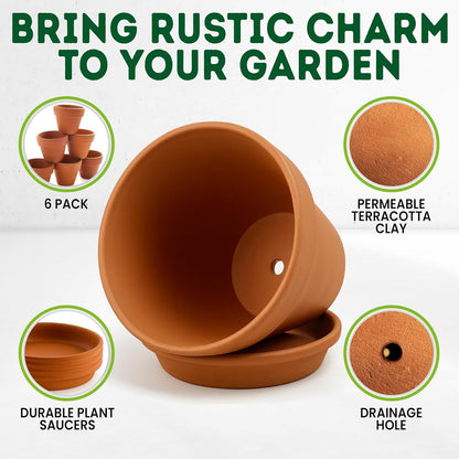 Clay Pots for Plants with Saucer - Terracotta Plant Pots with Drainage Hole, Pots for Plants for Indoor/Outdoor Use