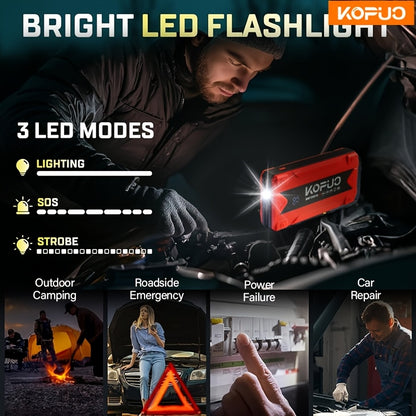 KOPUO Car Battery Jump Starter Portable 3000A: Supports 1.32gal Gas/1.06gal Diesel, with Safe Jumper Cables+Fast Charge+LED Light/SOS, Essential for Camping Trips/Long-Distance Road Trips/Vehicle Breakdowns