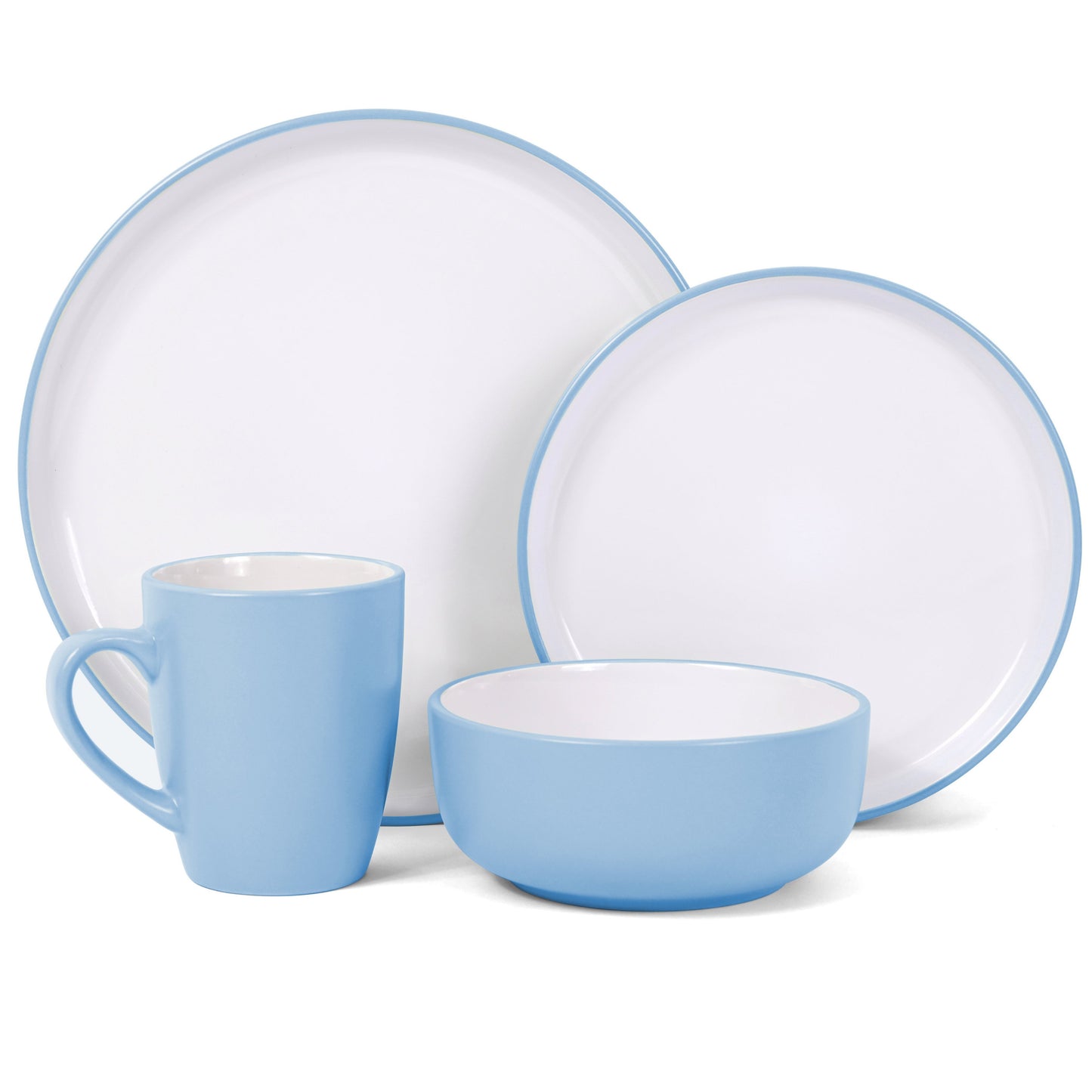 *** NEW *** Waterside 16pcs Pastel 2tone Blue Stoneware Dinner Set; 4 Dinner Plates, side Plates, Deep Bowls and Mugs