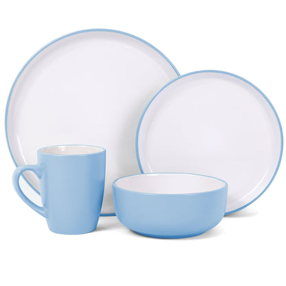 *** NEW *** Waterside 16pcs Pastel 2tone Blue Stoneware Dinner Set; 4 Dinner Plates, side Plates, Deep Bowls and Mugs
