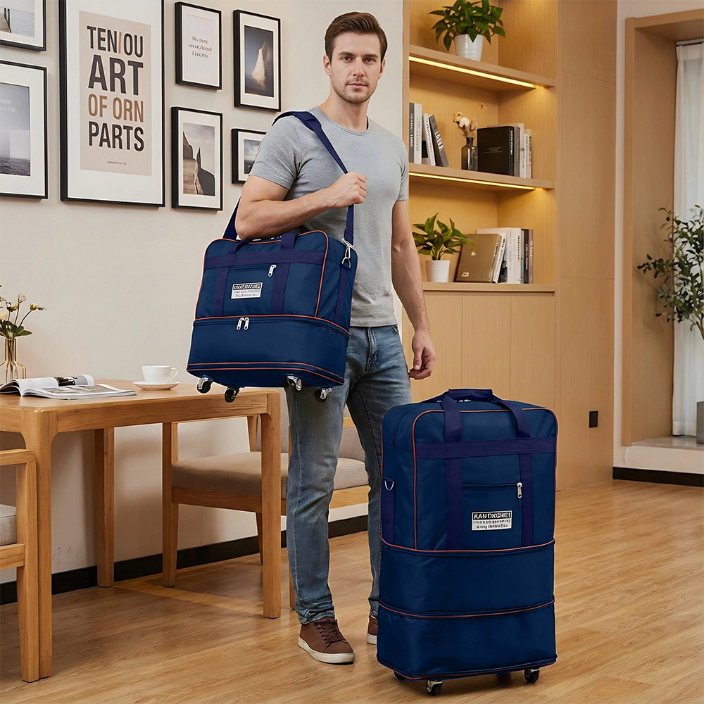 Large Capacity Foldable Travel Bag with Wheels, Oxford Rolling Luggage with Lock, Backpack Travel Duffle, Lightweight Suitcase, Versatile Travel Tote for Airport, Train Travel, Outdoor Trips, Travel Storage Bag, Clothing Protection Bag 1PC
