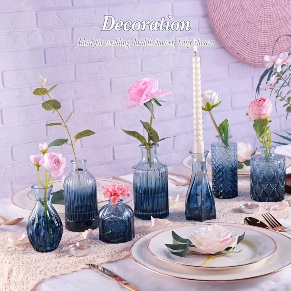 12pcs Blue/Green Glass Bud Vase Set, Mini Retro Small Vase, Ideal Rural Centerpiece for Wedding Decoration, Family Dining Table Decoration And Floral Arrangement