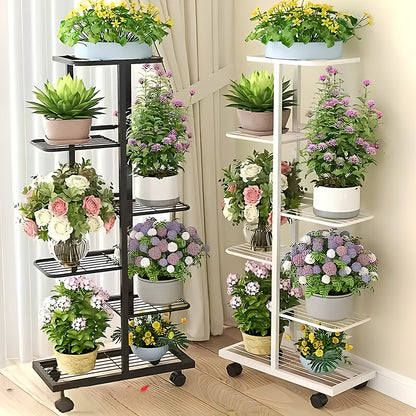 6-Tier Metal Flower Stand Multipurpose Tiered Shelf Indoor & Outdoor Use Space-Saving Gift Display, Durable Multi-Purpose Storage Rack with Sliding Wheels- for Living Room, Plant Room, Garden, Balcony, Entrance