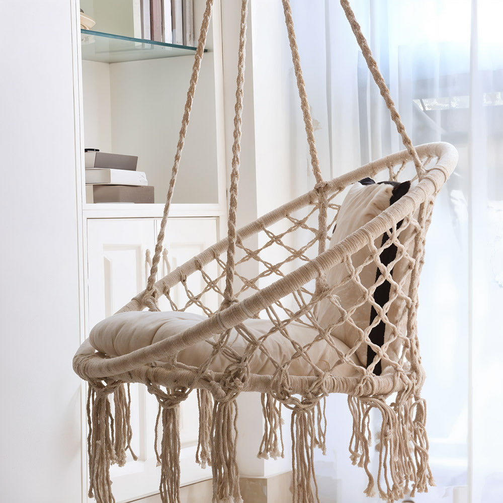 Balcony Rocking Chair, Courtyard Woven Hanging Basket, Hanging Cotton Rope Iron Ring Hanging Chair, Suitable for Indoor, Outdoor, Home, Balcony, Courtyard, Garden, Maximum Load Capacity: 200kg, Material: Iron Ring, Cotton Rope (No Include Cushion)