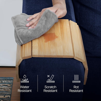 Sofa Arm Tray | Foldable Bamboo Wood Sofa Armrest Tray | Couch Arm Tray Organiser for Snacks, Drinks, Mobile & Remote | Wooden Sofa Arm Table Tray with Non-Slip Backing