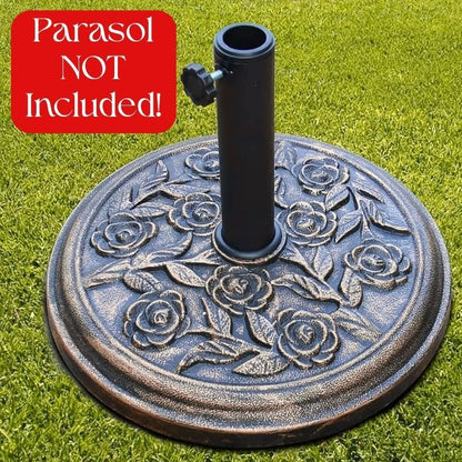 9kg Round Parasol Base Bronze Cast Iron Effect Umbrella Stand, Outdoor Heavy Duty Weight Support with Adjustable Collars & Tightening Knob for Garden, Patio, Lawn & Terrace Furniture, Floral Design, Bronze