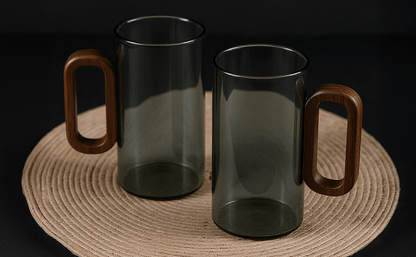 6pcs Glass Water Cups with Wooden Handle, 360mL Smoky Blue Drinking Glasses for Tea, Coffee & Cold Beverages, Modern Household Living Room Cups