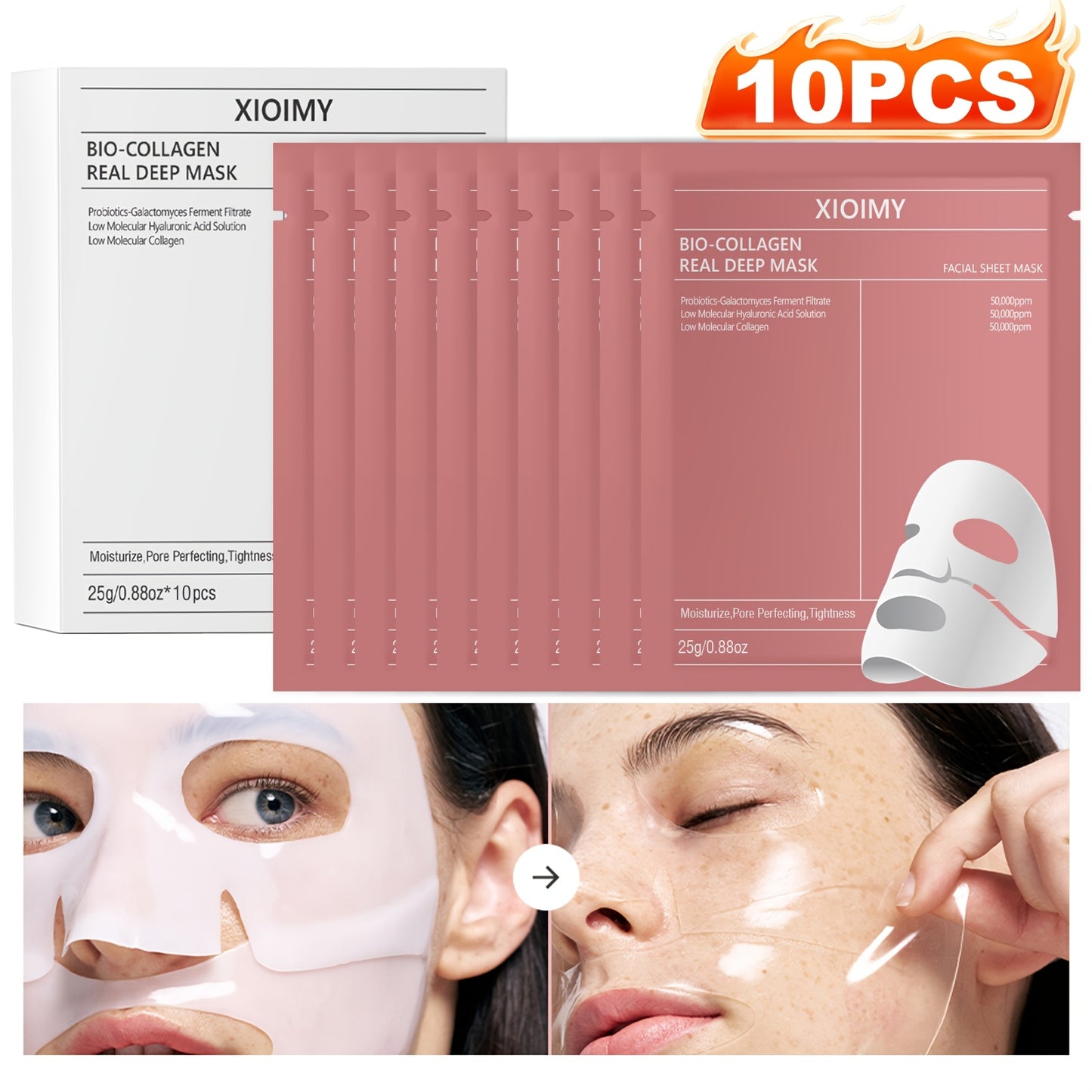 10pcs Collagen Powerful Moisturizing Face Mask Set Can Deeply Moisturize The Skin, Make The Face More Moist, Delicate, Bright, Rich in Collagen, Bid Farewell to Dry, Dull, Loose Skin, Collagen Face Mask, Facial Care
