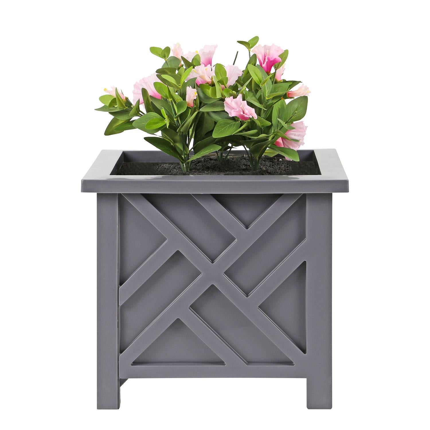 Square Lattice Planter Box 14.5 Inch Wood-Look Plastic – Decorative Outdoor Flower Pot for Porch, Patio, Garden & Balcony | Grey & White | 1 or 2 Pack