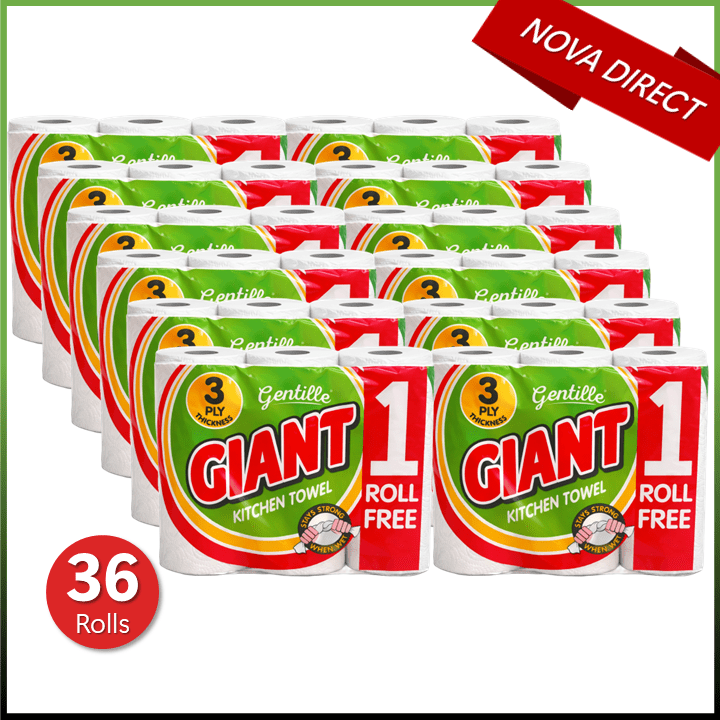 Gentille Giant 3 Ply Thickness Paper Towel | Extra Strong, Absorbent, Tough, Durable Kitchen Roll | Multipurpose Bulk Pack (36)