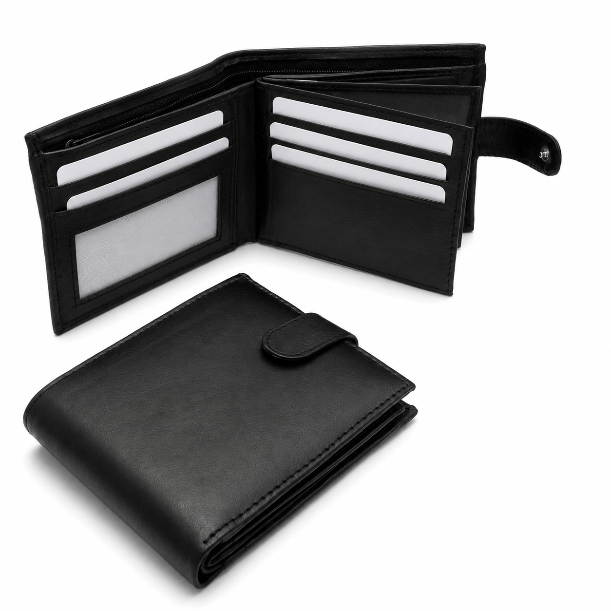 Mens Genuine Leather Wallet Black RFID Blocking Soft Tri Fold Card Slots Id Window and Coin Pocket