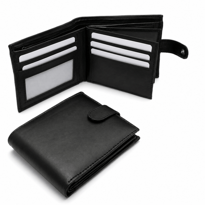 Mens Genuine Leather Wallet Black RFID Blocking Soft Tri Fold Card Slots Id Window and Coin Pocket