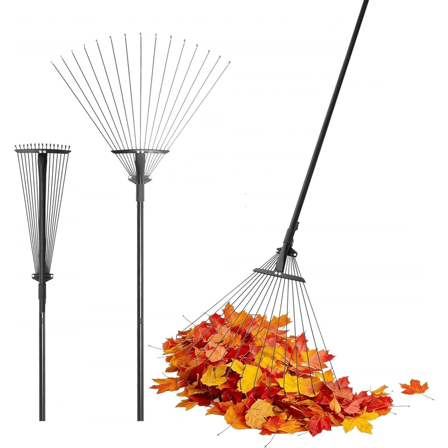 Leaf Rake, 15 Metal Tines, Adjustable Garden Rake with 20-60 cm Wide Head and 81-170 cm Handle, Tool for Removing Leaves in Gardening, Patio, Lawn