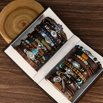 18pcs Vintage Western Style Adjustable Multi-Layer Handmade Beaded Bangle Bangle Bracelet Set