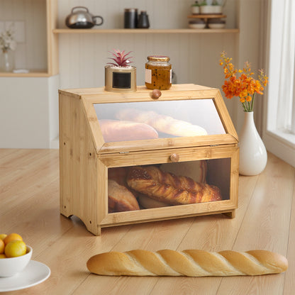 Bamboo Bread Bin with Transparent Window, 2-Layer, Bread Box Large Capacity Bread Storage for Kitchen, Kitchen Countertop Bread Box for Bread, Sushi, Pastries, Biscuits, Breakfast, Natural/ Black, 15.55*9.84*12.60 Inch