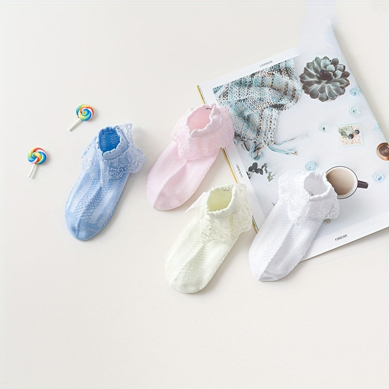 4 Pairs Of Girl's Lace Ruffle Frilly Trim Crew Socks, Breathable Comfy Dance Princess Socks