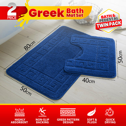 GC GAVENO CAVAILIA 2 Piece Greek Pattern Bathroom Mat Set | Soft & Plush 100% Polyester Bath Mat and Pedestal Rug | Non-Slip Backing, Highly Absorbent, Quick Drying |Machine Washable Bathroom Rugs | Ideal for Everyday Use | LOCAL WAREHOUSE | UK BRAND
