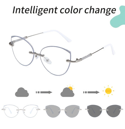 Fashion Cat Eye Frameless Light Sensitive Color Changing Women'S Model with Embedded Sequins Metal Frame Cat Eye Blue Light Transparent Lens Glasses