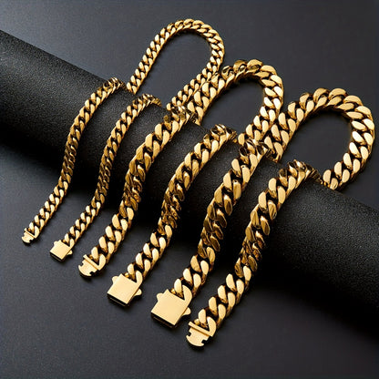Hip Hop Stainless Steel Encrypted Four-sided Grinding 8.10.12mm Cuban Necklace Spring Buckle Titanium Stainless Steel Hip Hop Necklace for Men. 18K Golden Plated Plated 18K Golden Plated Real 18K Golden Plated Hip Hop Jewelry