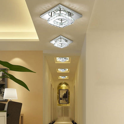 Contemporary Mini Crystal Chandelier, Square Single-layer LED Crystal Ceiling Light, Plain Crystal Ceiling Lighting Chrome Crystal Pendant, 12W 6000K Cold White Light, for Living Room Kitchen Office Bedroom Dining Room Island, 21*21cm/ 8.27*8.27inch.