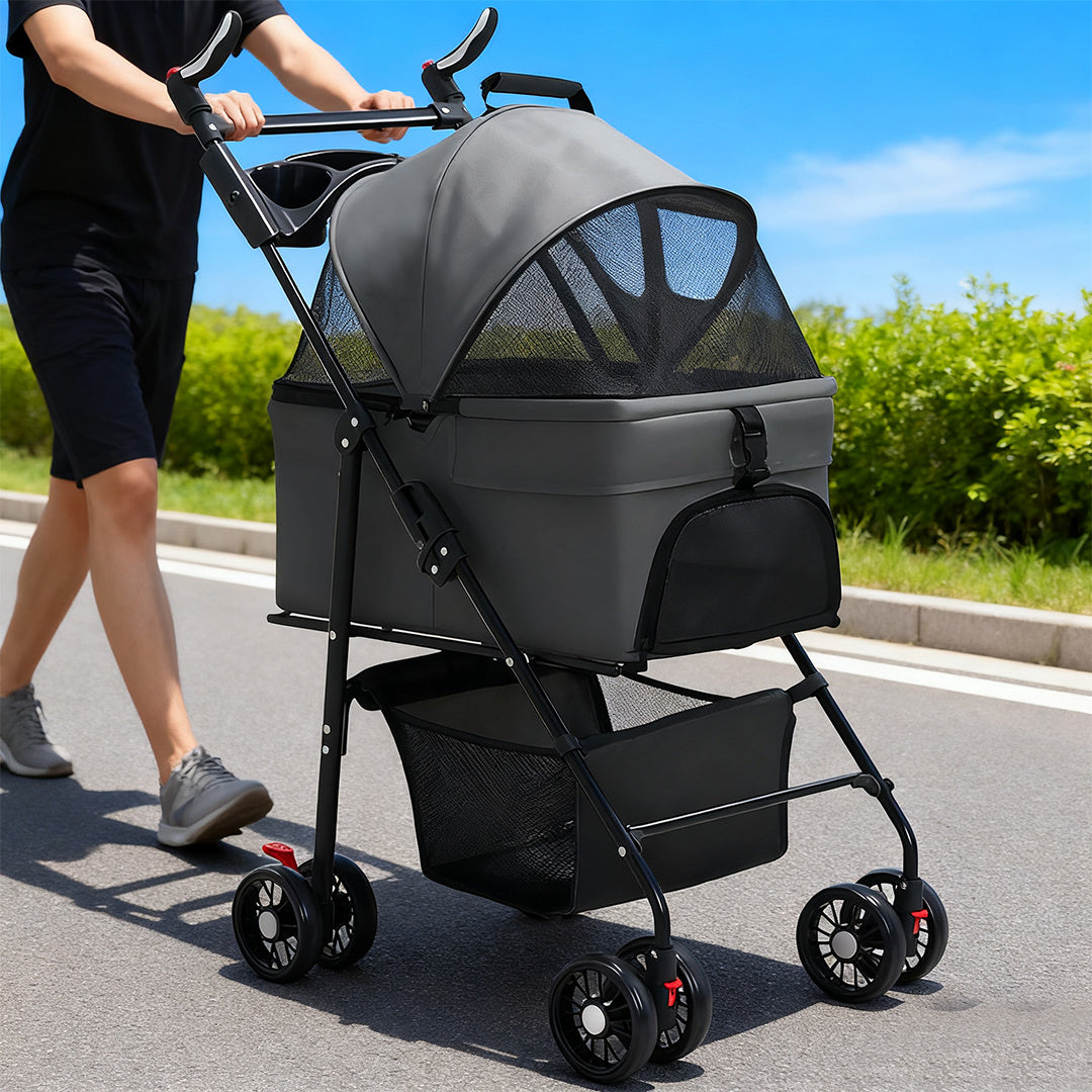 Lightweight Foldable Pet Stroller for Cats & Small Dogs - All-Terrain Oxford Fabric Carrier with Ventilation Mesh, Ergonomic Handlebar & Storage Basket - Portable Travel Stroller for Vet Visits, Shopping, Outdoor Walks, Mesh Canopy Visibility, Ventilated