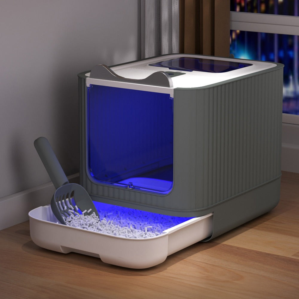 Enclosed Cat Litter Box with UV Sterilisation & Deodoriser | Large Hooded Cat Toilet with Drawer Tray & Scoop | Anti-Splash Odour Control Litter Tray | 44.5x36.5x34.5cm | Grey