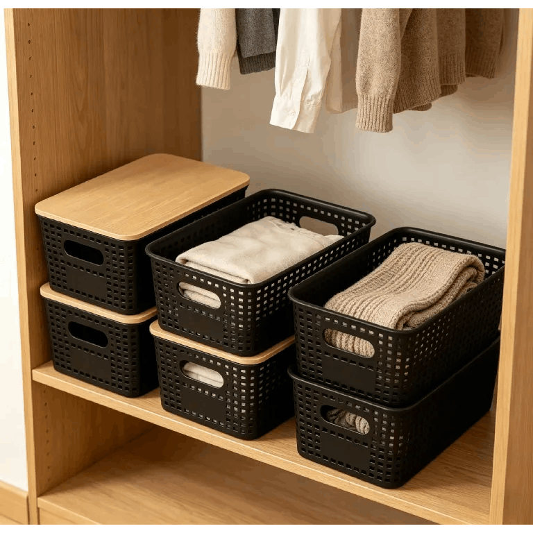 6-Pack Black Stackable Storage Bins with Bamboo Lids – Modern Lidded Plastic Boxes for Kitchen, Bathroom, Office, or Wardrobe Organization