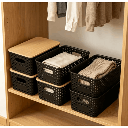 6-Pack Black Stackable Storage Bins with Bamboo Lids – Modern Lidded Plastic Boxes for Kitchen, Bathroom, Office, or Wardrobe Organization