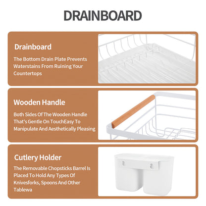 Dish Drainer Rack with Removable Drip Tray - Large Space Saving Kitchen Drying Rack for Plates, Bowls & Cutlery Metal Frame with Wooden Handles (BLACK)