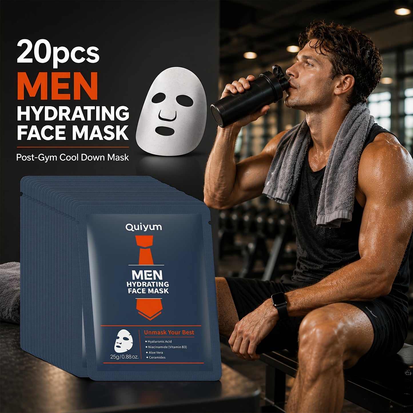 Quiyum Men Hydrating Facial Mask 20 Packs, Infused with Hyaluronic Acid, Niacinamide, Aloe Vera, Deep Moisturizing, for A Radiant Complexion