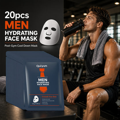 Quiyum Men Hydrating Facial Mask 20 Packs, Infused with Hyaluronic Acid, Niacinamide, Aloe Vera, Deep Moisturizing, for A Radiant Complexion