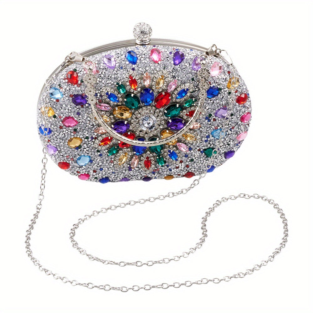 Women Evening Bag Multicolor Clutch Bag Luxury Crystal Handbag Bridal Wedding Purse Glitter Shoulder Bag with Detachable Chain Banquet Party Prom Crossbody Bag Gold-Multicolour, Green/ Gold/ Silver