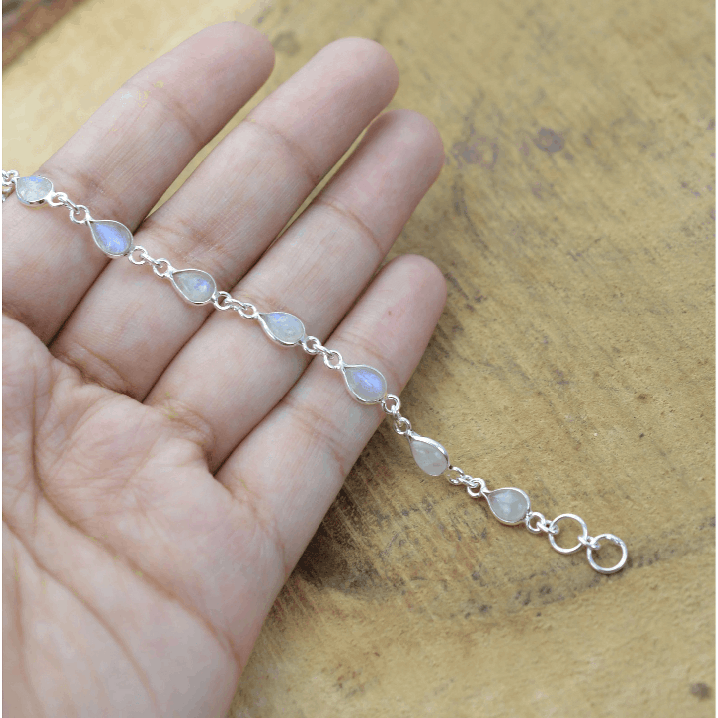 925 Sterling Silver Natural Gemstone Adjustable Bracelet ~ Teardrop Link Bracelet ~ Simple Elegant Jewelry