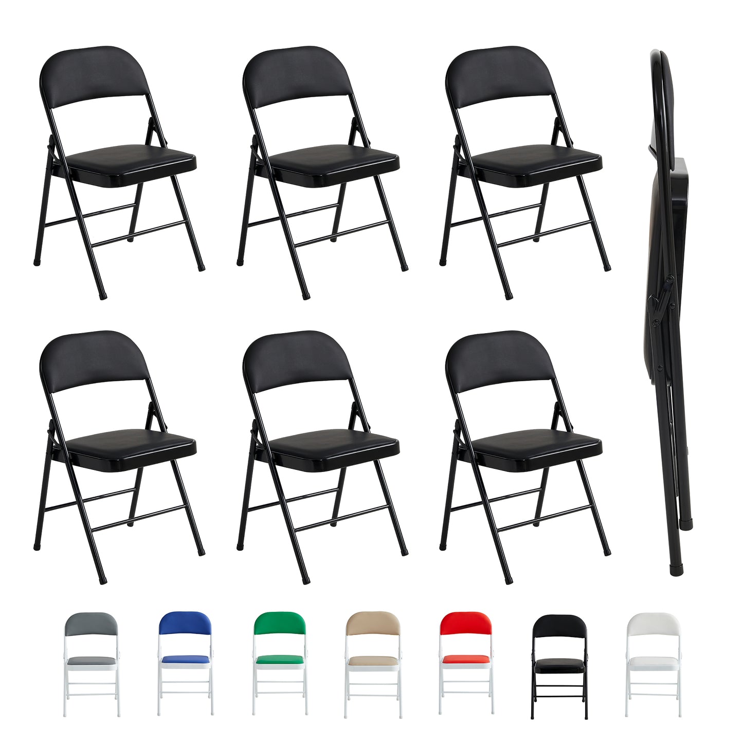 Set of 6 Folding Chairs, Faux Leather Foldable Chairs with Metal Frame and Padded Seat, Easy to Fold and Store for Home, Office, Dining and Reception