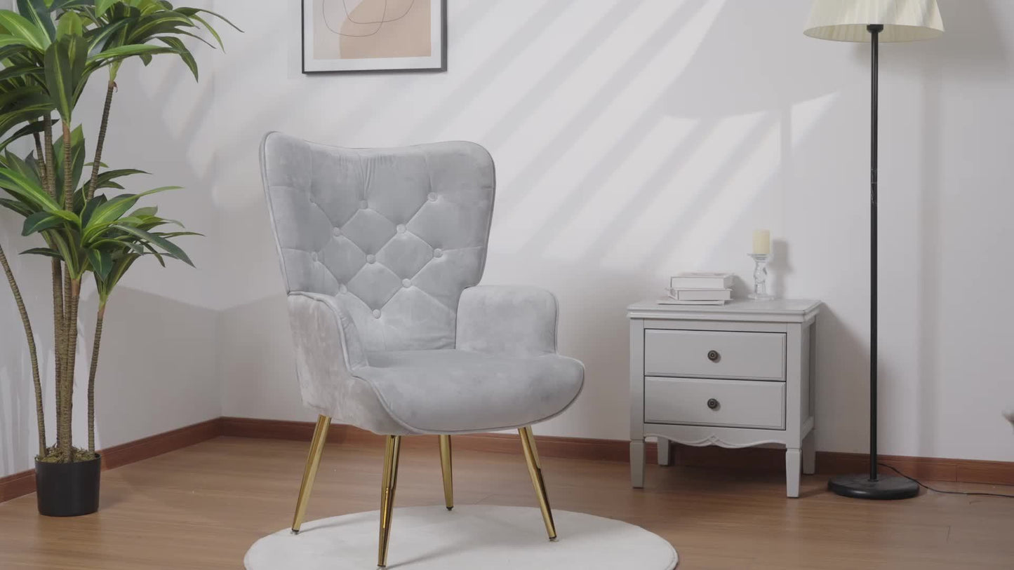 Contemporary Mid-Century Style High-Back Accent Chair with Metal Legs, Velvet Upholstered Wingback Chair for Reading, Suitable for Bedroom, Living Room, Office, Or Makeup Area