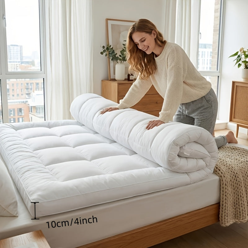 1pc 10cm Deep Mattress Topper, 4Inch Microfiber Overfill, Plush Soft Surface, Four-Corner Elastic Straps for Secure Fit, Anti-Shift & Even Weight Distribution, Fits Single/Double/King/Super King UK Beds
