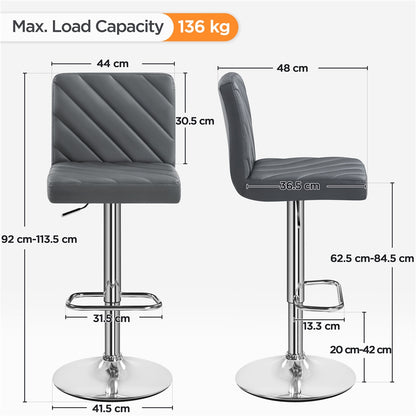 Costoffs Bar Stools Set of 2, Modern PU Leather Swivel Barstools, Height Adjustable, Dining Chairs with Backrest Footrest, Ideal for Kitchen Island Counter/Home Bar, Dark Grey/Black/White/Retro Brown/Light Gray