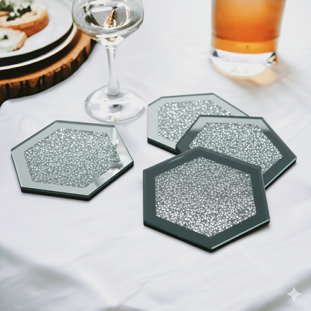 Serena's® Set of 4 Crystal Coasters – 10cm Glass Mirrored Drink Coasters with Glitter Crushed Diamond Design – Elegant Coasters for Home, Kitchen, Bar, or Table Decoration